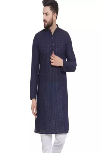Navy blue chikankari cotton embroidery men kurta