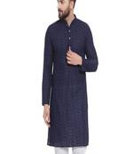 Navy blue chikankari cotton embroidery men kurta