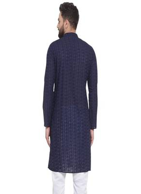 Navy blue chikankari cotton embroidery men kurta 2
