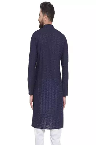 Navy blue chikankari cotton embroidery men kurta