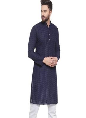 Navy blue chikankari cotton embroidery men kurta 3