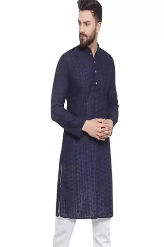 Navy blue chikankari cotton embroidery men kurta