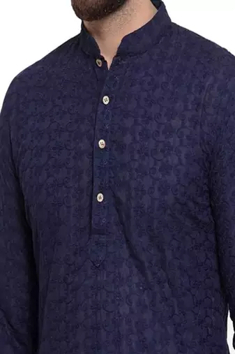 Navy blue chikankari cotton embroidery men kurta