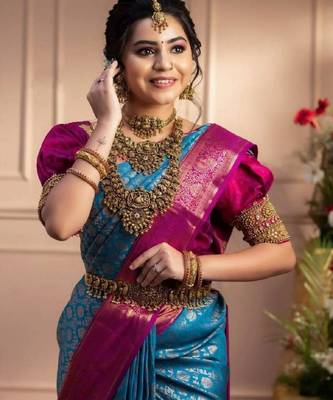 Sky blue art silk woven saree 4