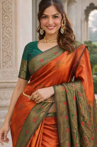 Orange silk blend woven saree