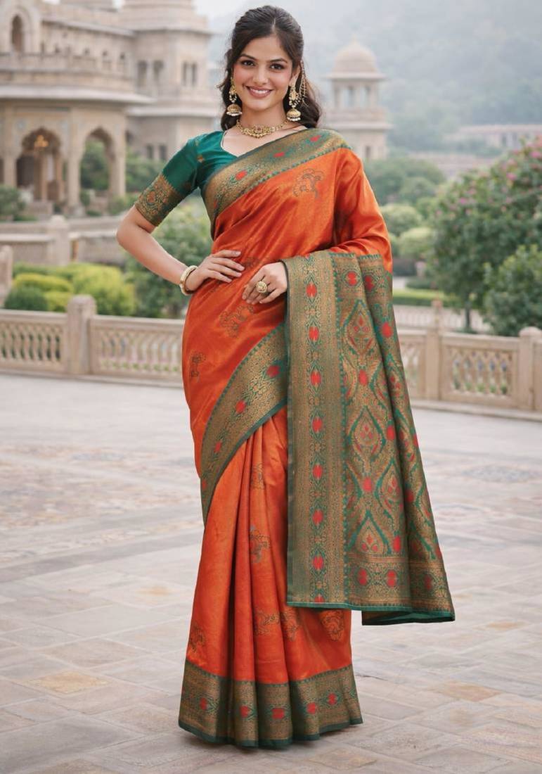 Orange silk blend woven saree