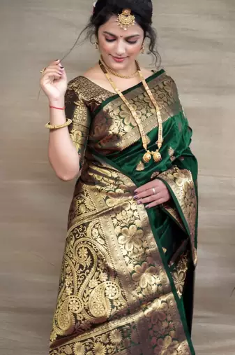 Green silk blend plain saree