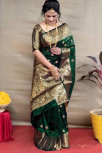 Green silk blend plain saree