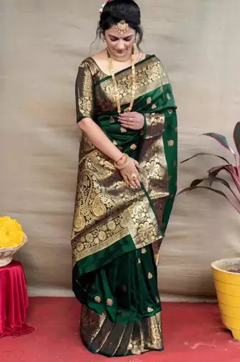 Green silk blend plain saree