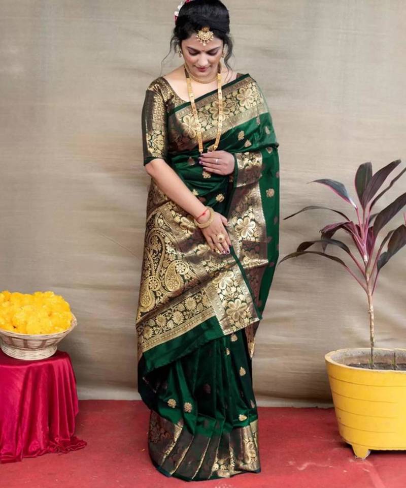 Green silk blend plain saree
