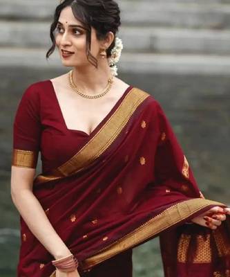 Maroon silk blend woven saree 2