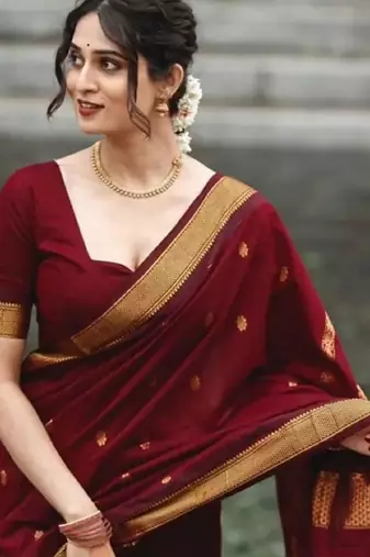 Maroon silk blend woven saree