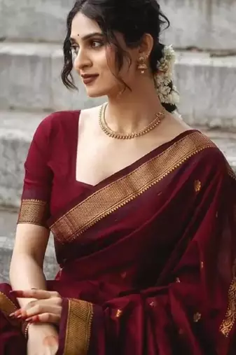 Maroon silk blend woven saree