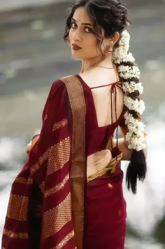 Maroon silk blend woven saree