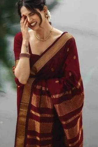 Maroon silk blend woven saree