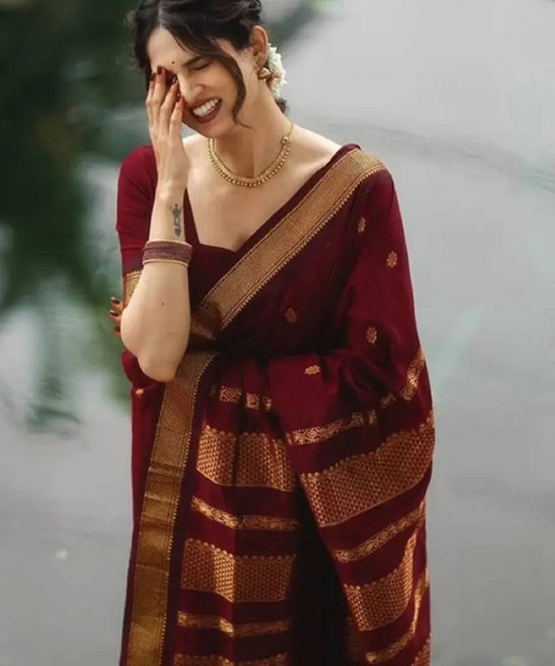 Maroon silk blend woven saree