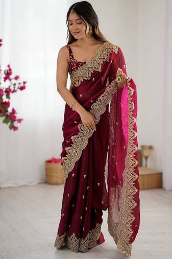 Wine chiffon embroidered saree