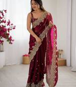 Wine chiffon embroidered saree