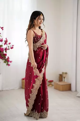 Wine chiffon embroidered saree