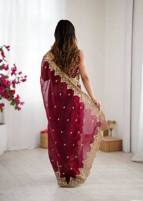 Wine chiffon embroidered saree 4
