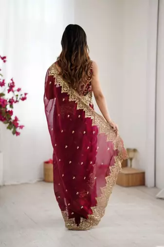 Wine chiffon embroidered saree