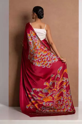 Red satin printed saree