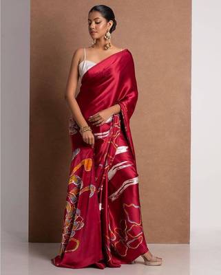 Red satin printed saree 1