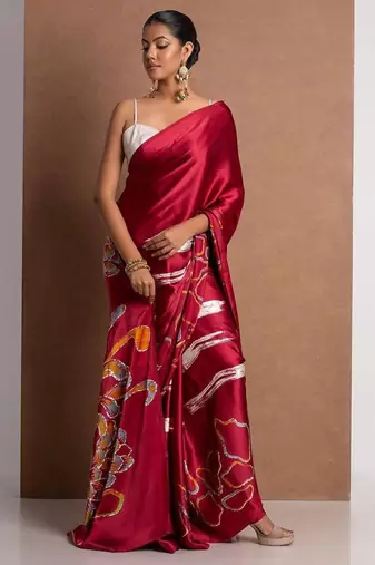Red satin printed saree