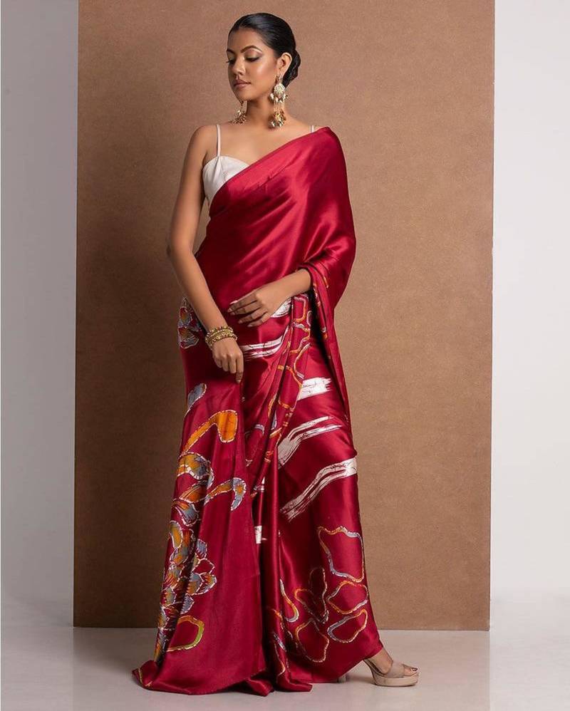 Red satin printed saree