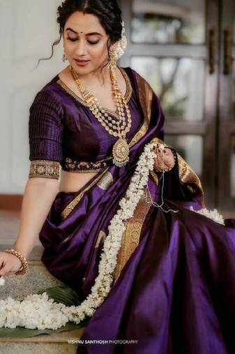 Purple silk blend woven saree