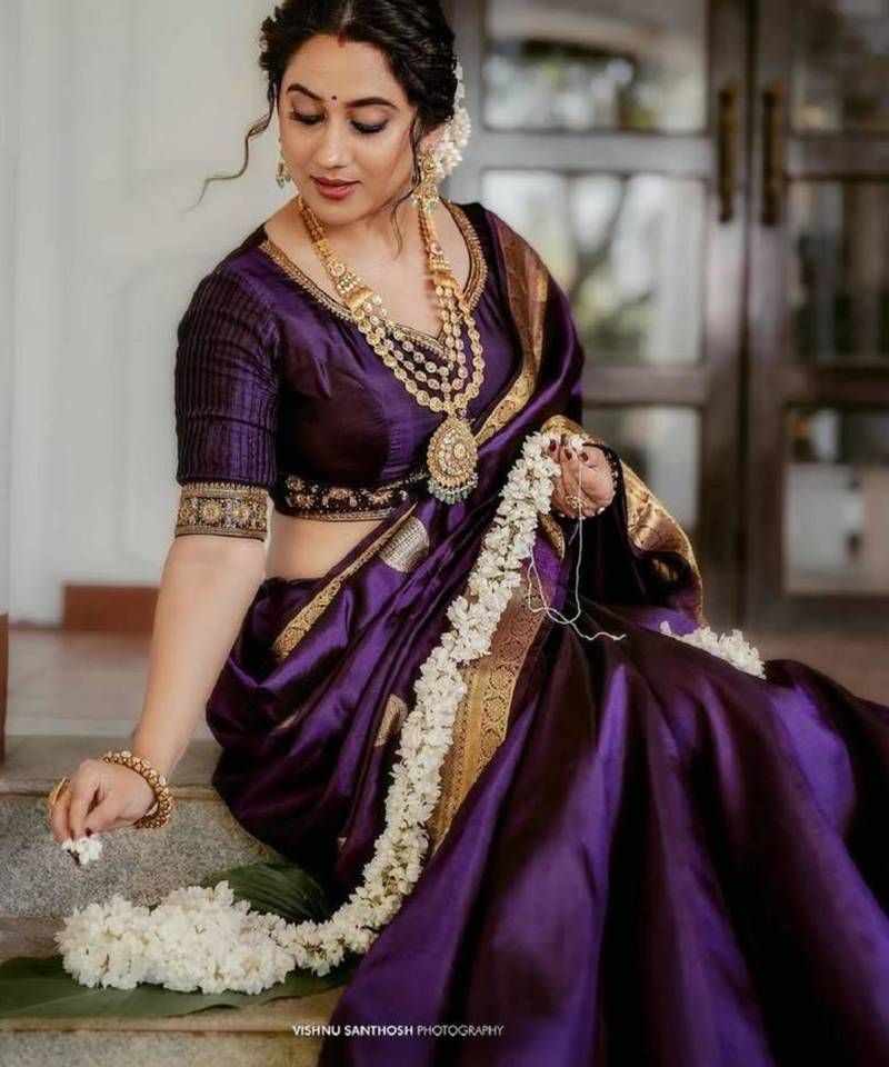 Purple silk blend woven saree