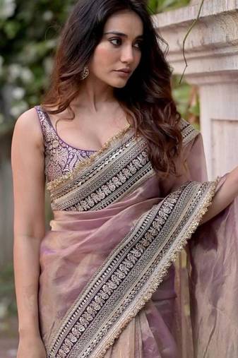Lavender net embroidered saree
