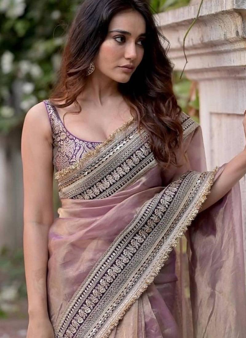 Lavender net embroidered saree