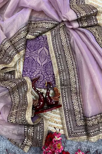 Lavender net embroidered saree