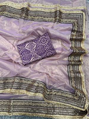 Lavender net embroidered saree 3