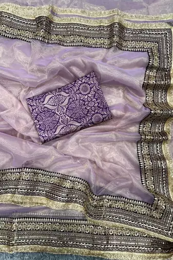 Lavender net embroidered saree