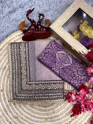 Lavender net embroidered saree 4