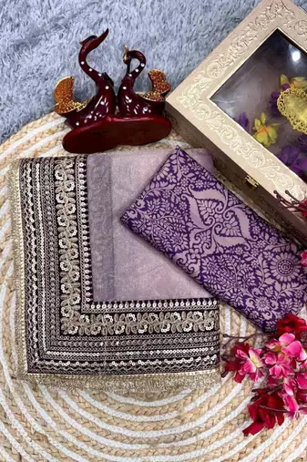 Lavender net embroidered saree