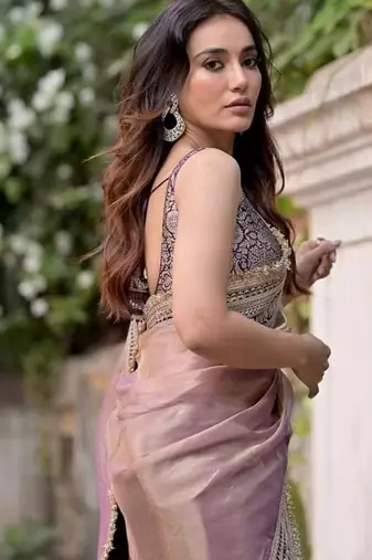 Lavender net embroidered saree