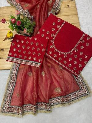 Red silk blend embroidered saree 4