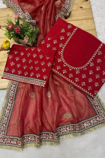 Red silk blend embroidered saree