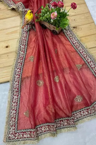 Red silk blend embroidered saree