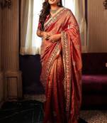 Red silk blend embroidered saree