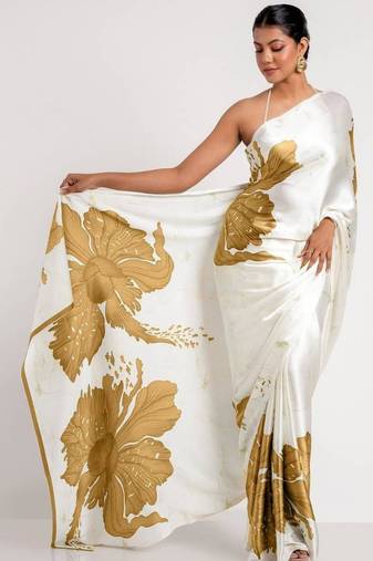 Mustard satin printed saree