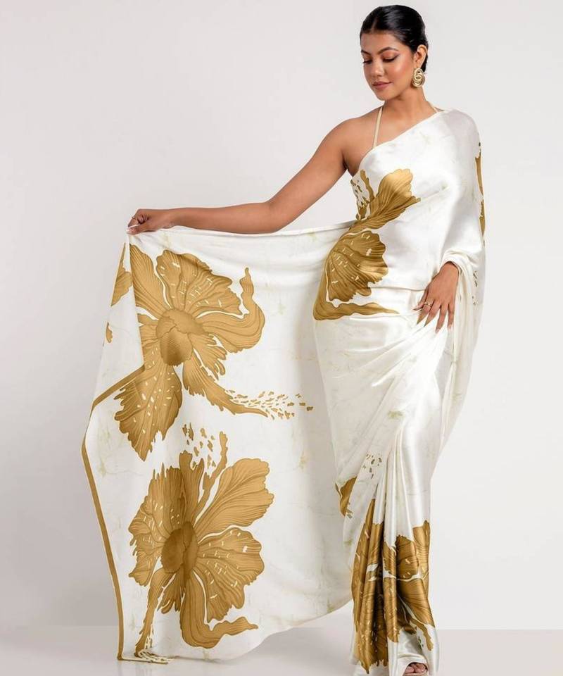 Mustard satin printed saree