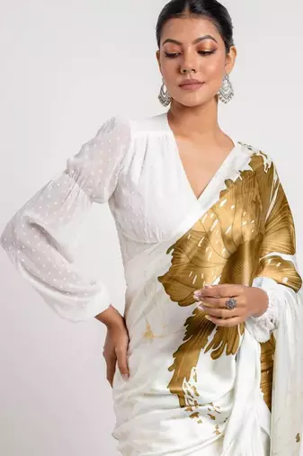 Mustard satin printed saree