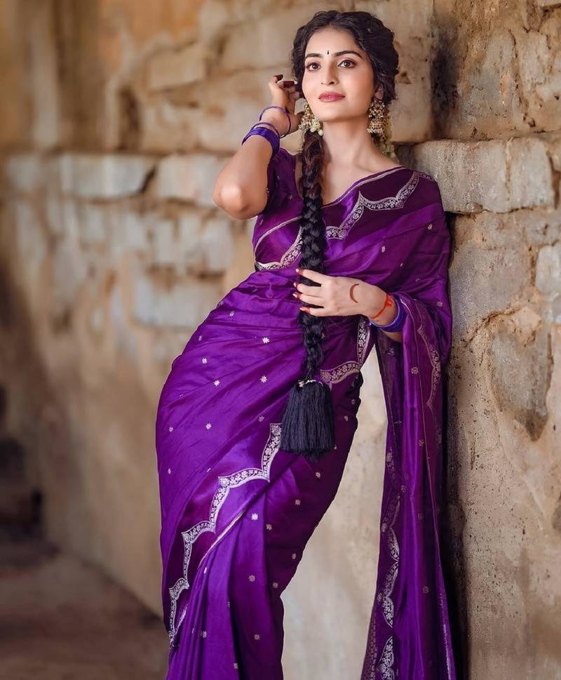 Purple silk blend woven saree