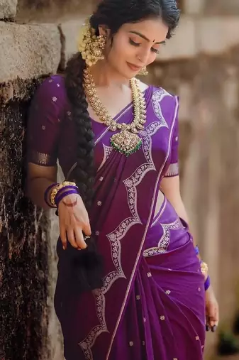 Purple silk blend woven saree