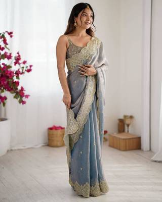 Grey chiffon embroidered saree 1