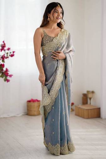 Grey chiffon embroidered saree